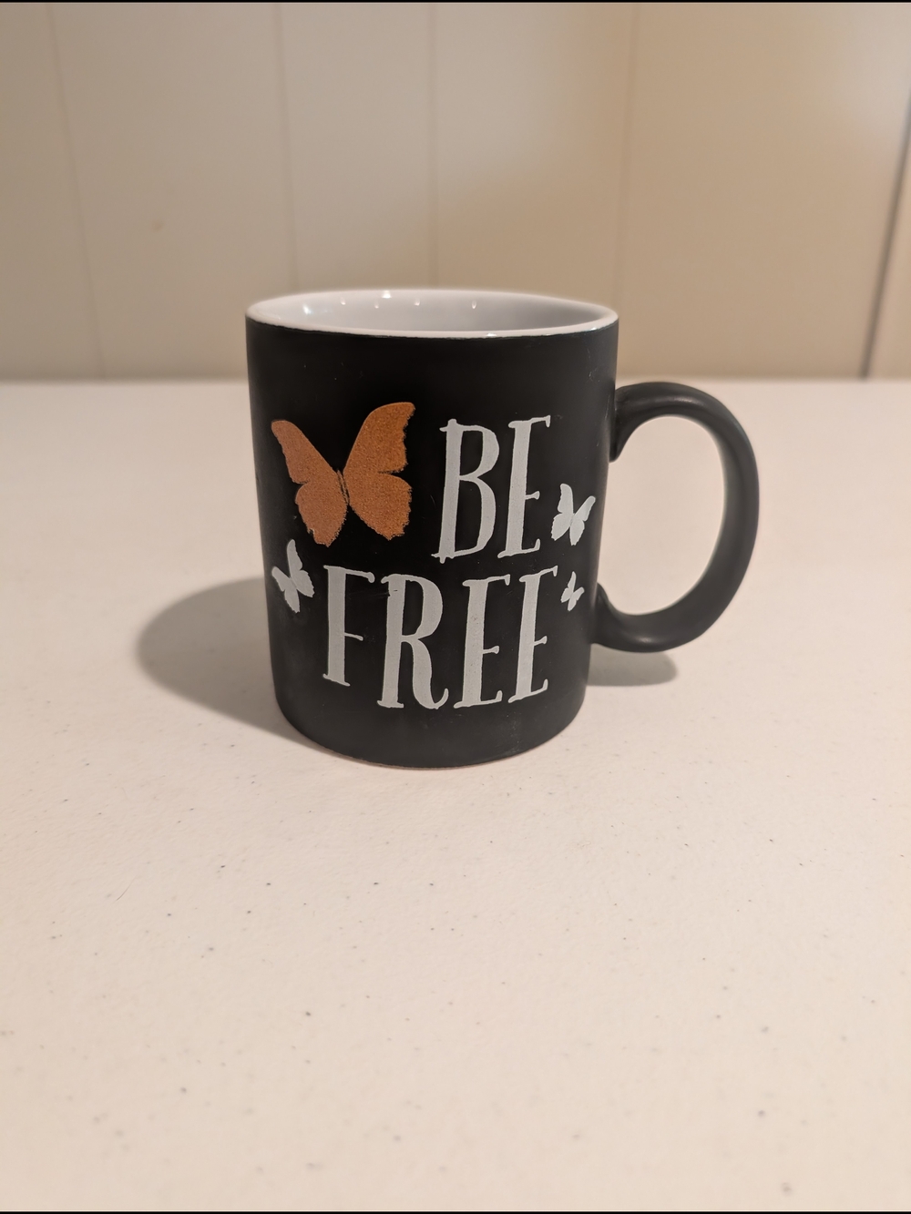 Be Free Black Ceramic Coffee Mug with Gold Butterfly